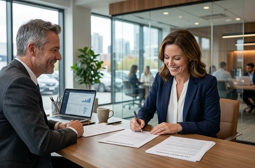 DriveWise lending specialist reviewing a car loan application with a client in a bright modern office